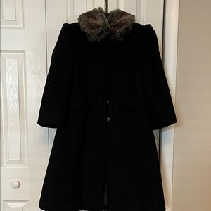 Talbots Classic Black Wool Coat with Removable Faux Fur Collar and Ruffle Detail